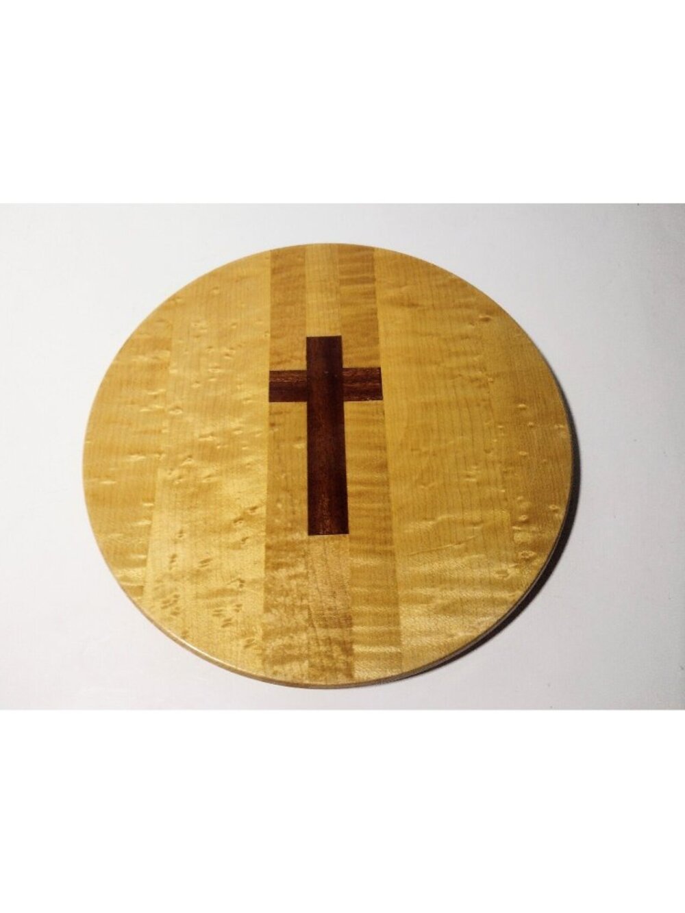 Handmade Wood Turned Cross Trivet Riser 9" Round Vintage Signed Religious Glazed
